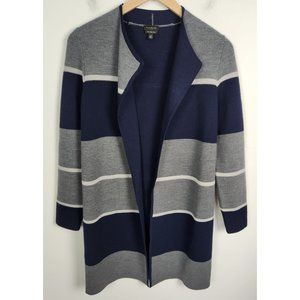 Talbots Sz. XS Grey & Blue Stripe Pure Merino Wool Open Front Long Line Cardigan